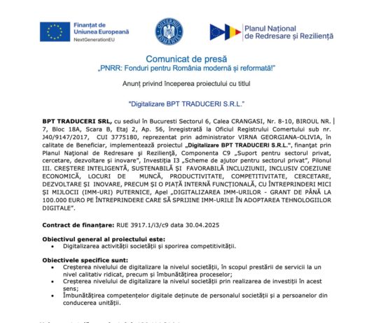 Comunicat de presa pnrr - digitalizare bpt traduceri s R L